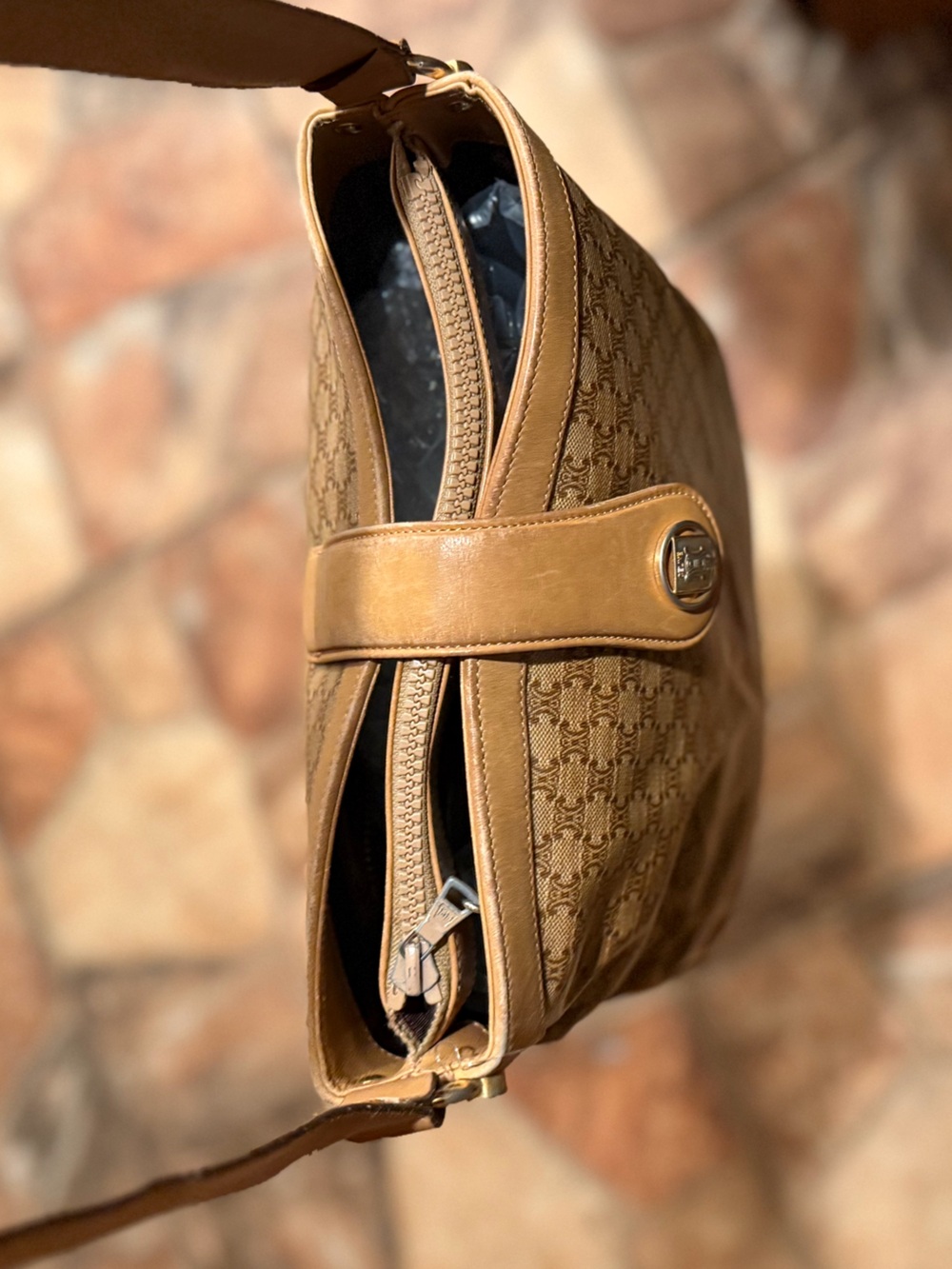 Authentic Celine Vintage 90’s Cognac Monogram Crossbody Bag Leather Trim - Picture 7 of 15